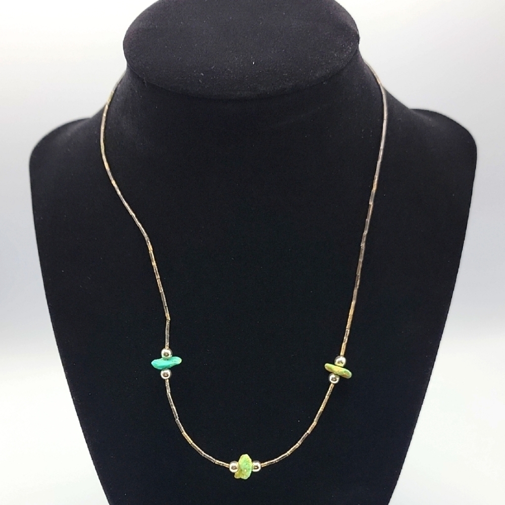 16" Choker Liquid Sterling Silver Chip Turquoise Beaded Necklace Shepherd Hook